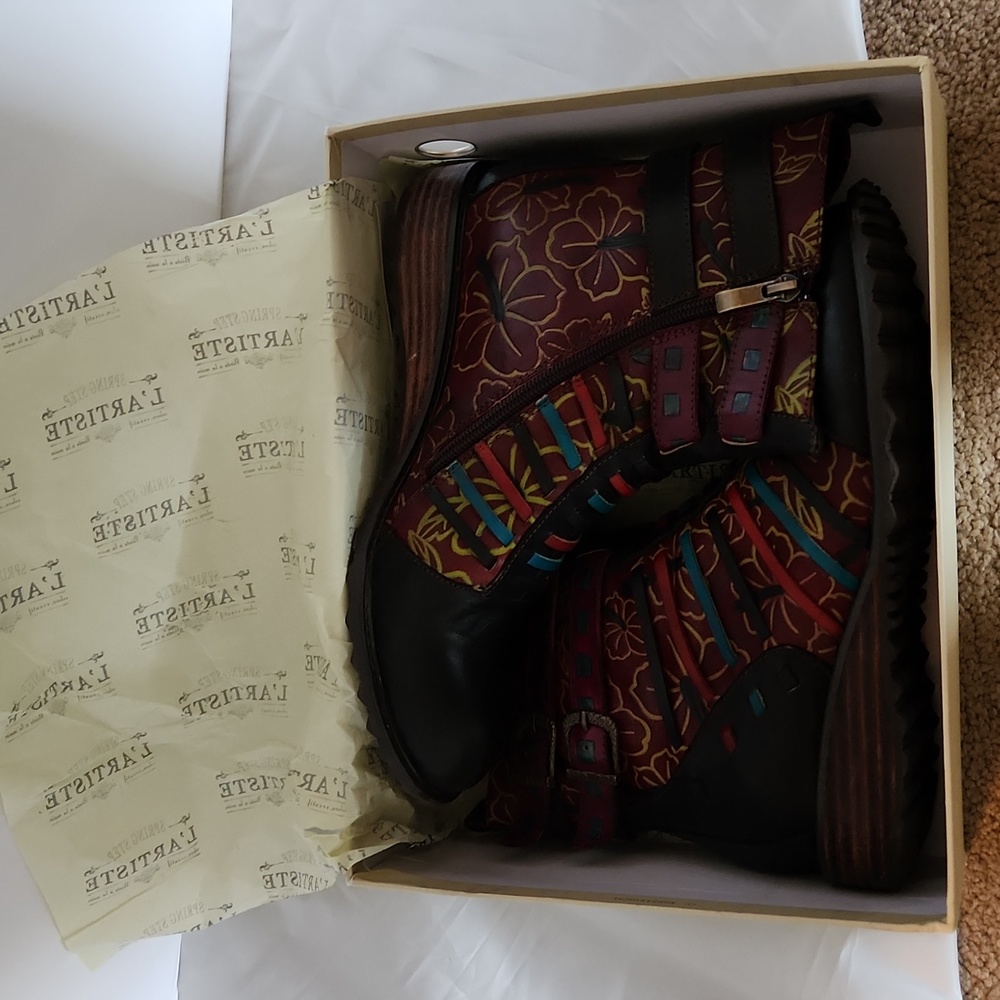 L'ATISTE Burgundy Floral Leather Ankle Boots with Multicolor Trim